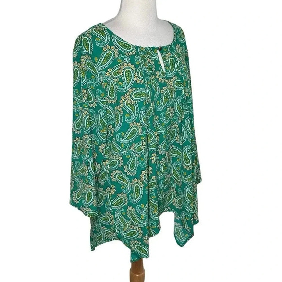 Kim Rogers XL green paisley print long sleeve asymmetrical‎ hem blouse - Picture 5 of 7